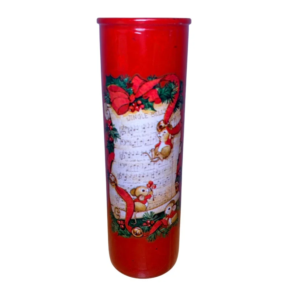 Vintage Christmas Jingle Bells Mouse Red Glass Cylinder Vase Mid Century Retro